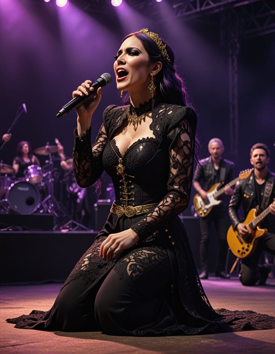 Woman Sings at Rock Concert in Gothic Attire