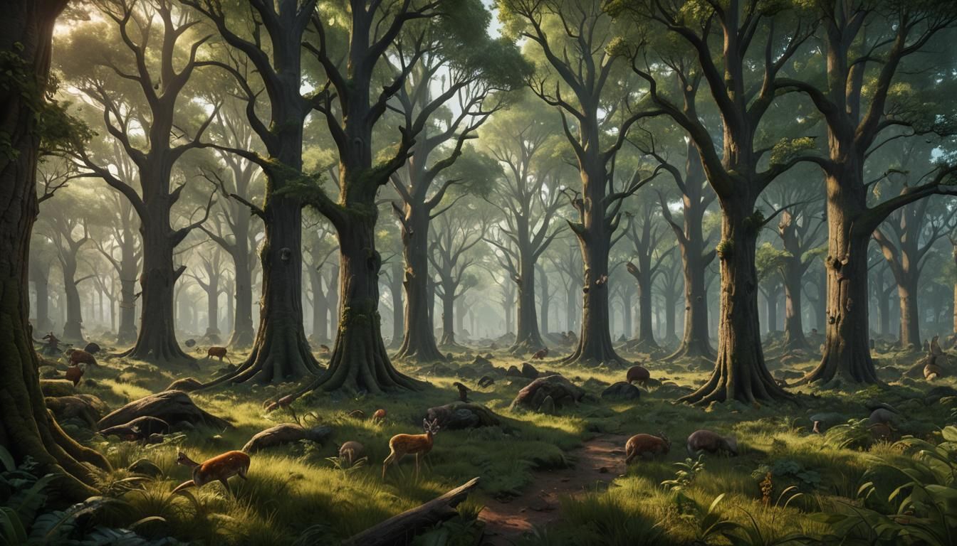 Lush Oak Forest with Wildlife: Matte Painting