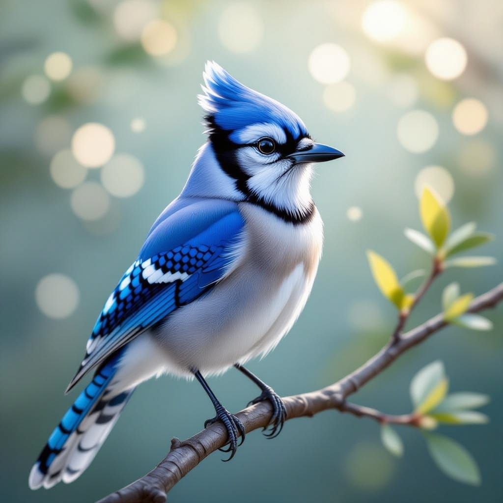 Vibrant Blue Jay Perched on Branch, Detailed Digital Paintin...
