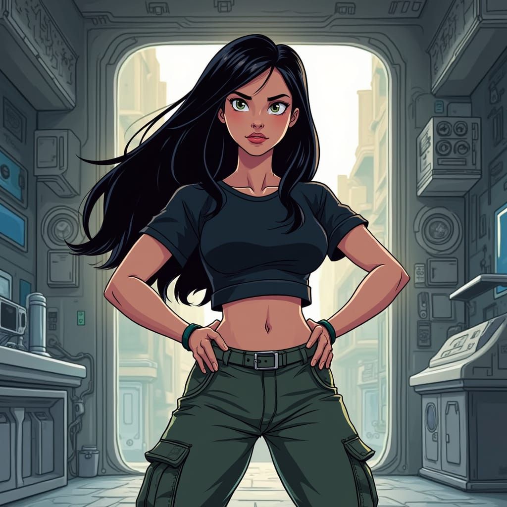 Teenage Heroine Stands Tall in Cyberpunk Cityscape