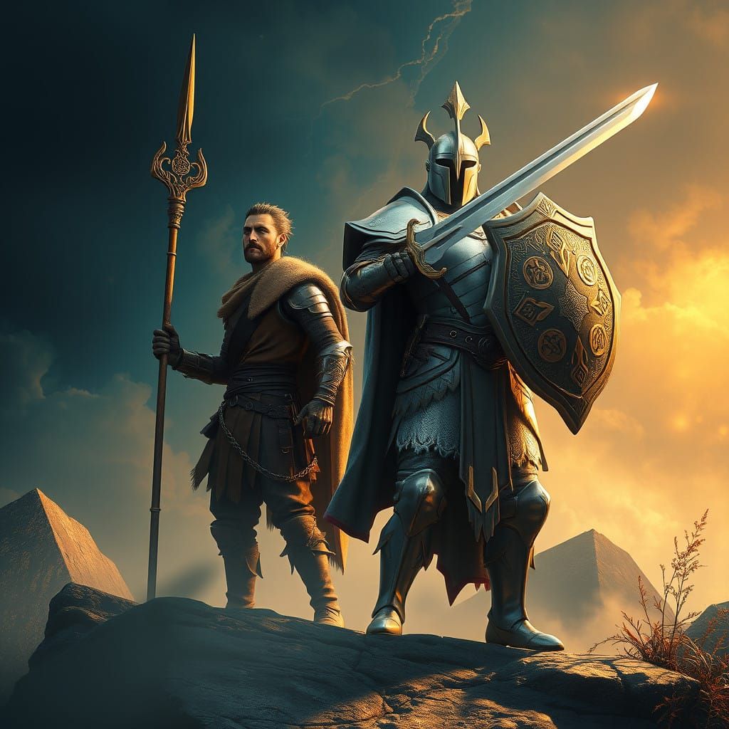 Two Warriors Stand Heroically in a Fantastical, Dreamlike En...