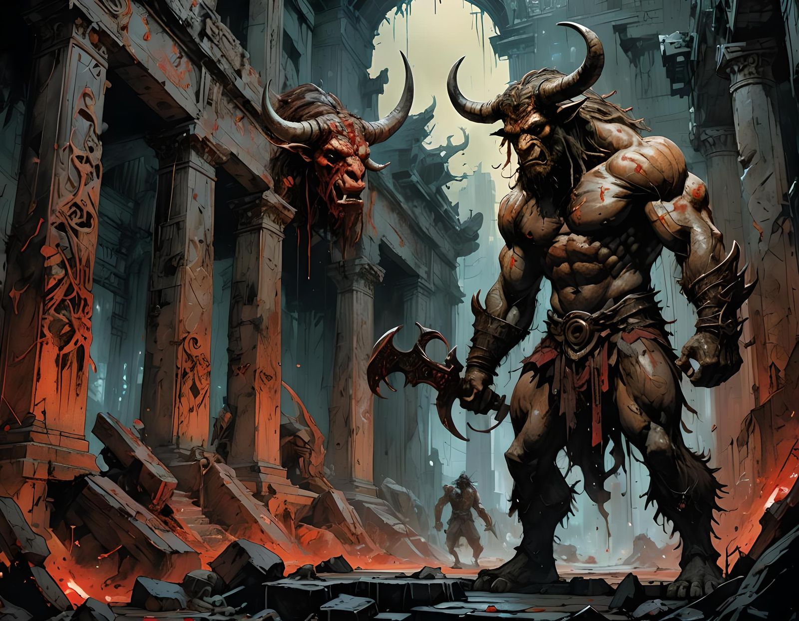 Minotaur in Ancient Temple, Digital Art