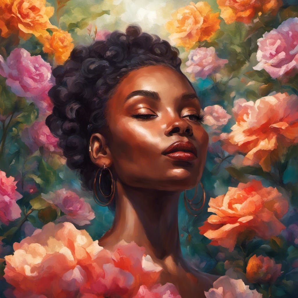 Elegant Black Woman in Ethereal Digital Garden