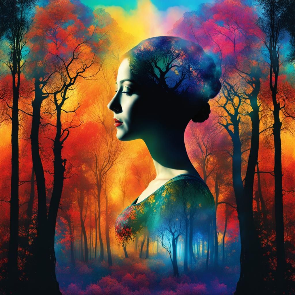Mysterious Woman in Colorful Forest: Double Exposure Art