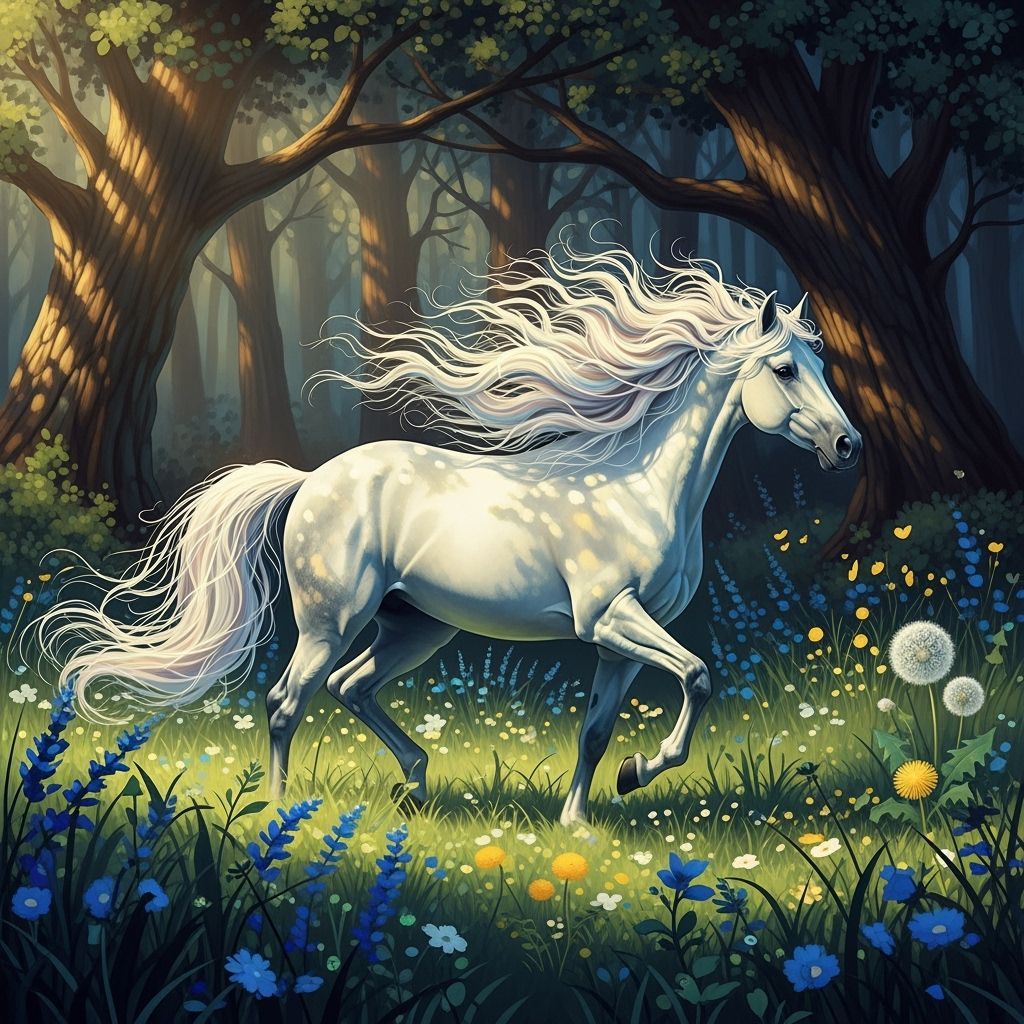 Majestic White Horse Runs Freely Through Meadow