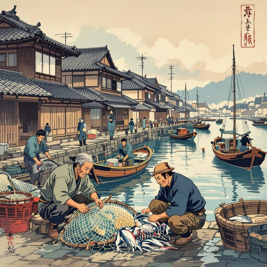 Vibrant Japanese Fishing Village Marketplace in Ukiyo-e Styl...