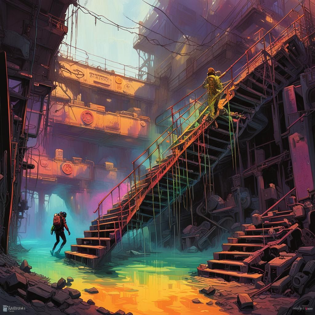 Diver in Cyberpunk Junkyard Waterfall with Neon Mist