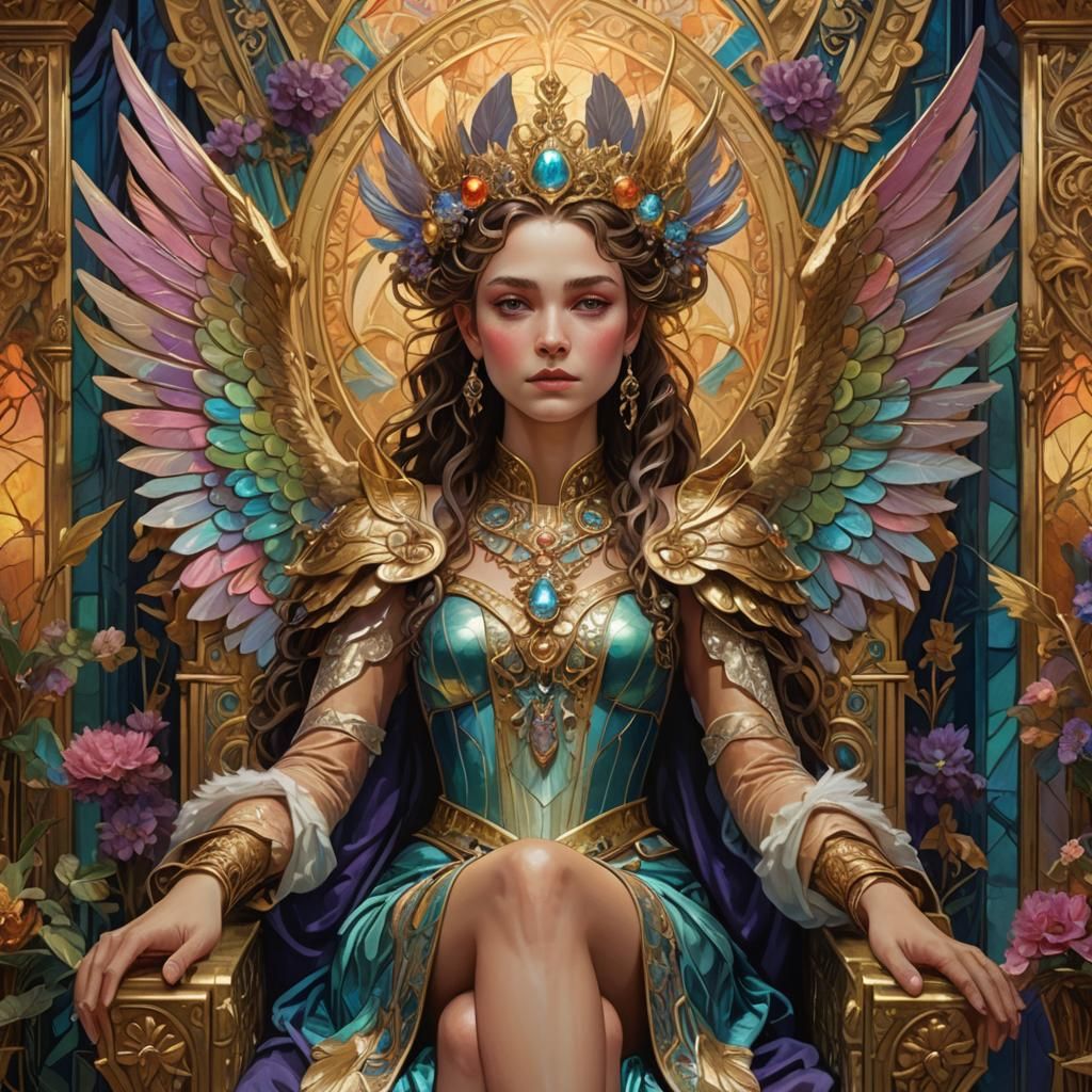 Fae Queen in Opulent Throne Room, Art Nouveau