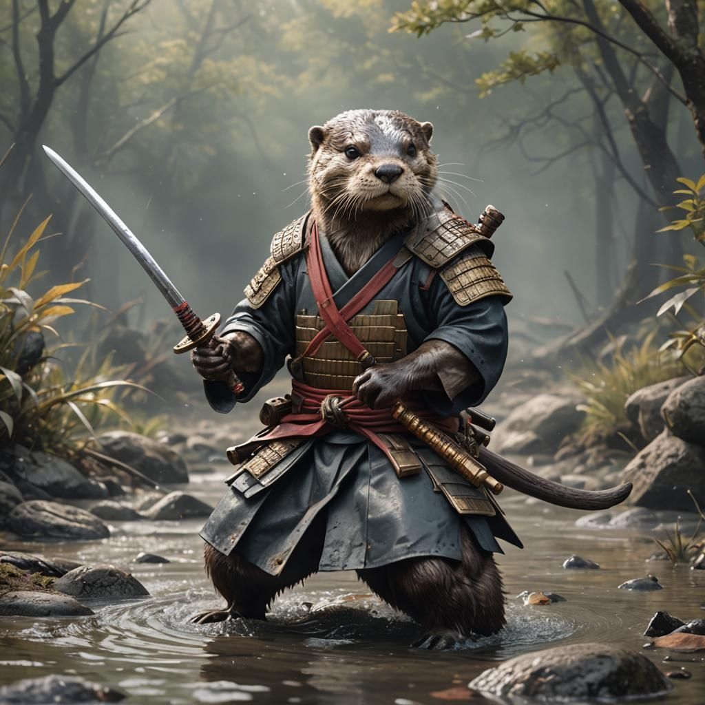 Hyperrealistic Otter Samurai on Battlefield