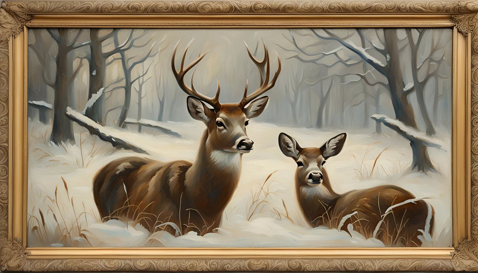 Moody Winter Buck in Antique Oil Painting