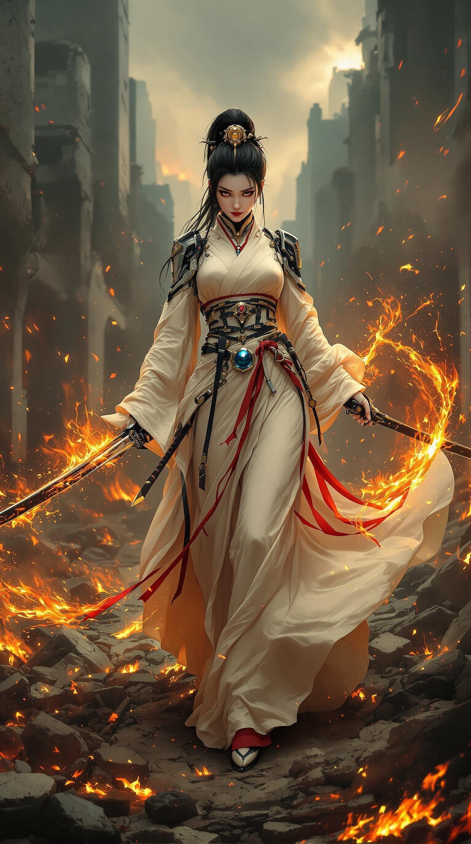 Celestial Cyborg Geisha Warrior in Burning City