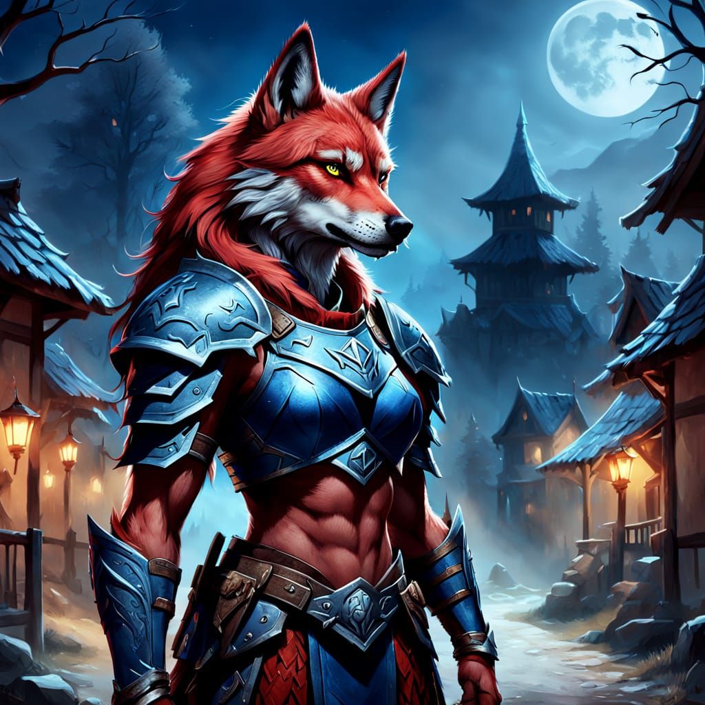 Epic Red Wolf Lycan Warrior in Shimmering Blue Armor