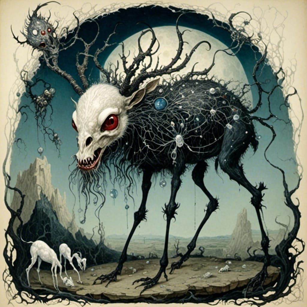 Grotesque Chimera Creature in Moonlight
