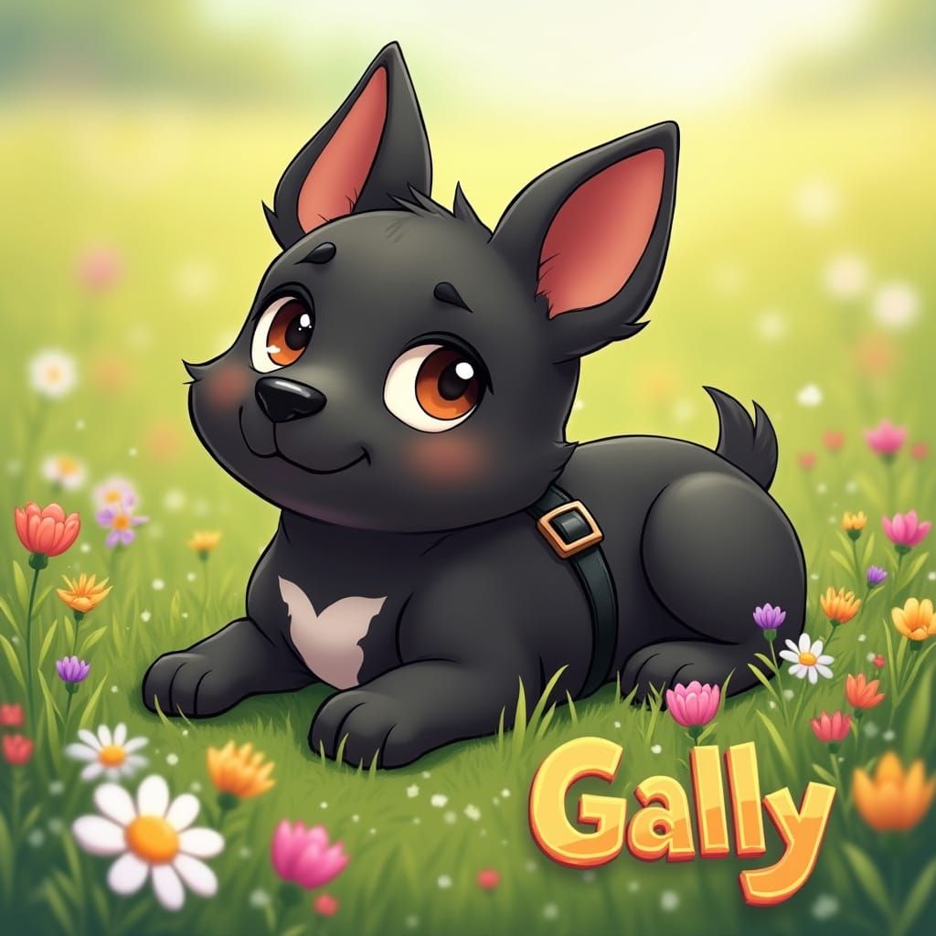 Joyful Cartoon Black Dog in Vibrant Field