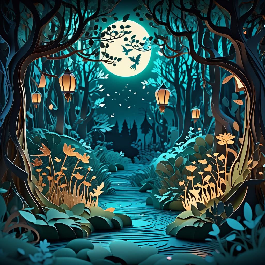 Enchanted Forest Papercut Illustration in 3D Cinematic Style