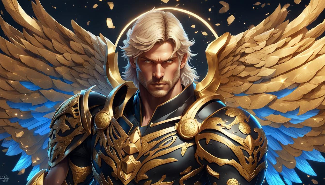 Angel Uriel in Golden Armor, Hyperrealistic Illustration