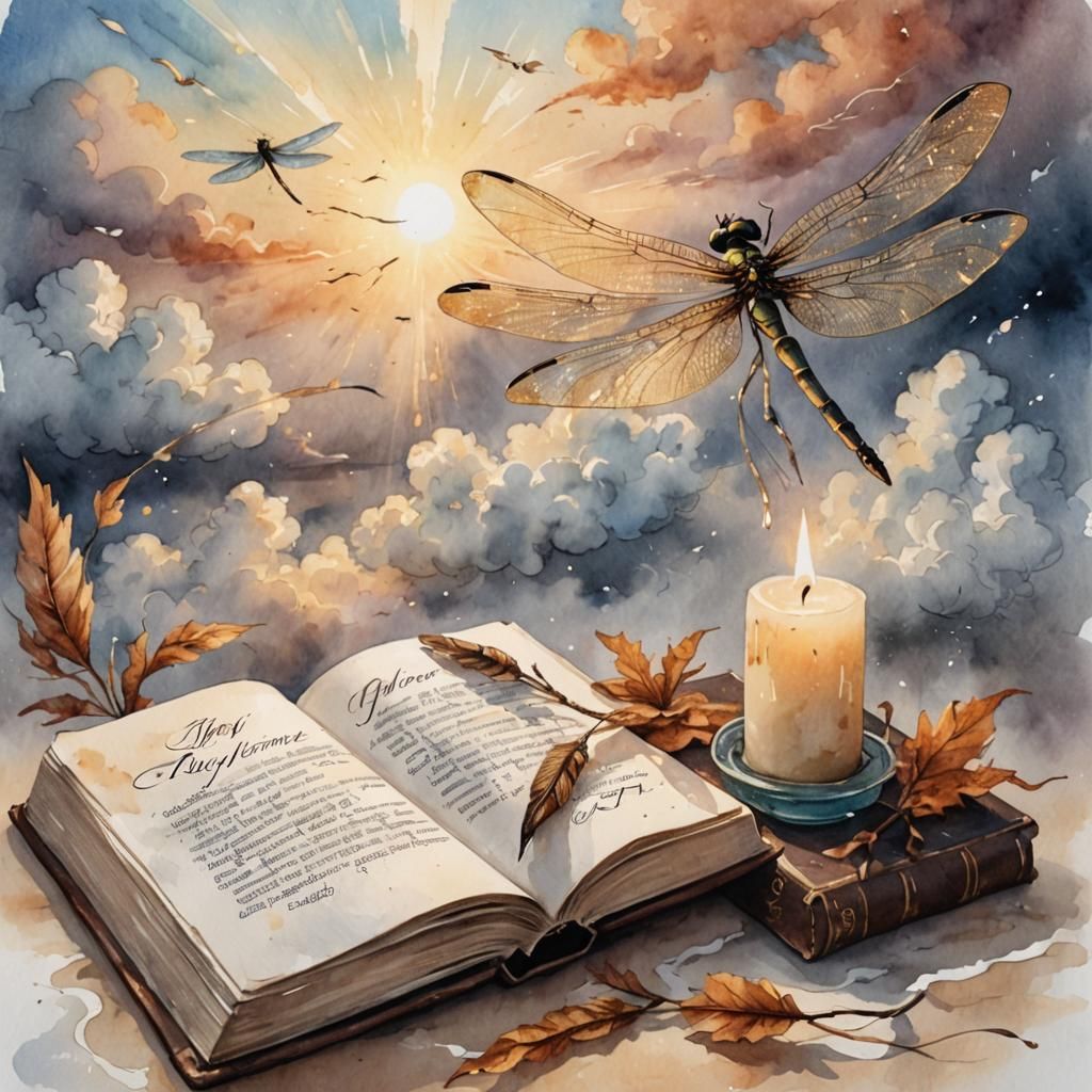 Autumn Calligraphy Book with Dragonfly in Watercolor