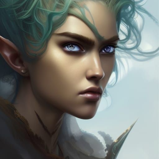 A beautiful and fierce elf princess with curly olive green h...