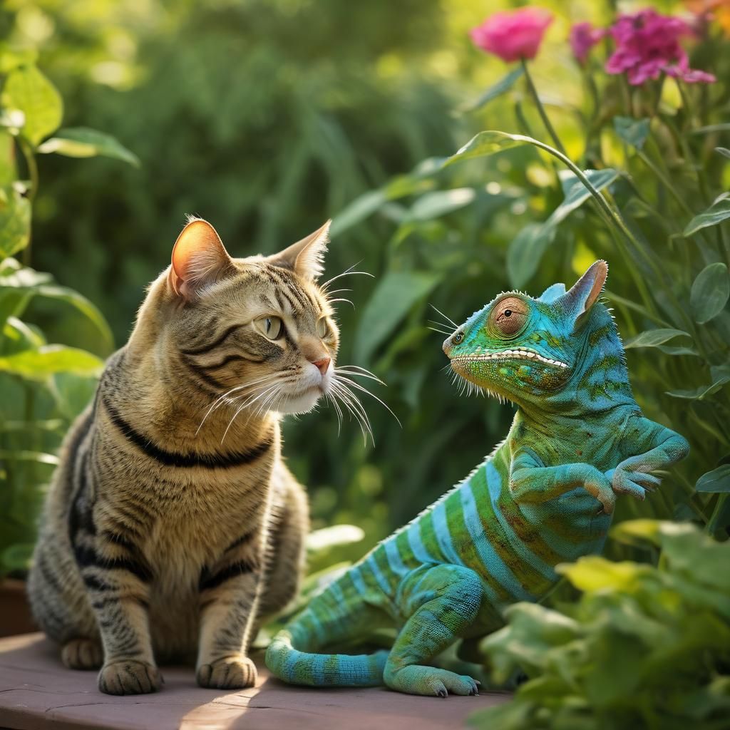 Cat and Chameleon Friendship: Anime Cosmic Illustration