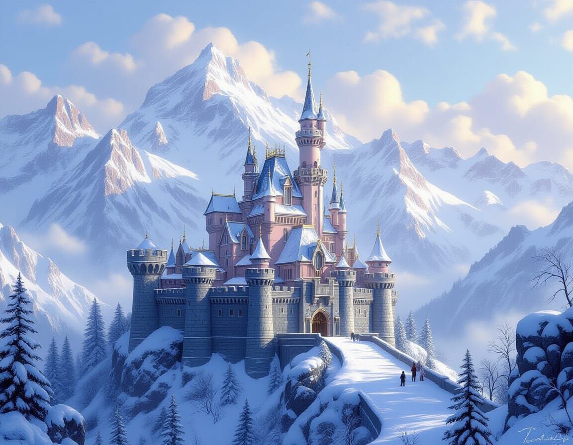 Majestic Castle on Snowy Mountain Peak