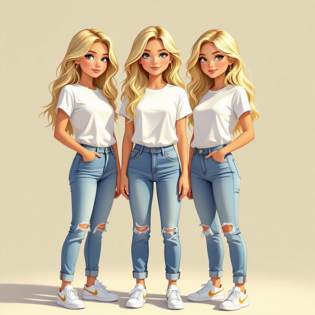 Three Blonde Teen Twins in Casual Wear, Digital Art