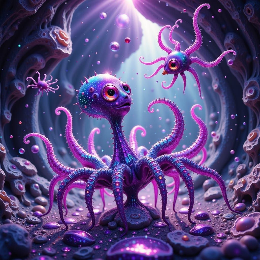 Surreal Whimsical Creatures Play Hide-and-Seek in a Glitteri...