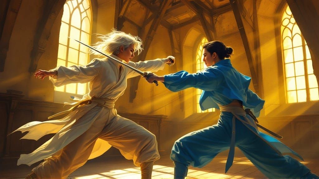 Sword Duelists in Golden Light, in the Style of Arthur Rackh...