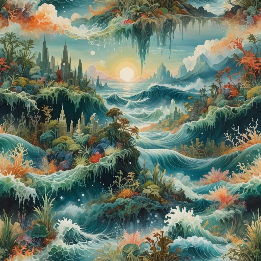 Surreal Landscape with Cosmic Crystals and Floating Beings