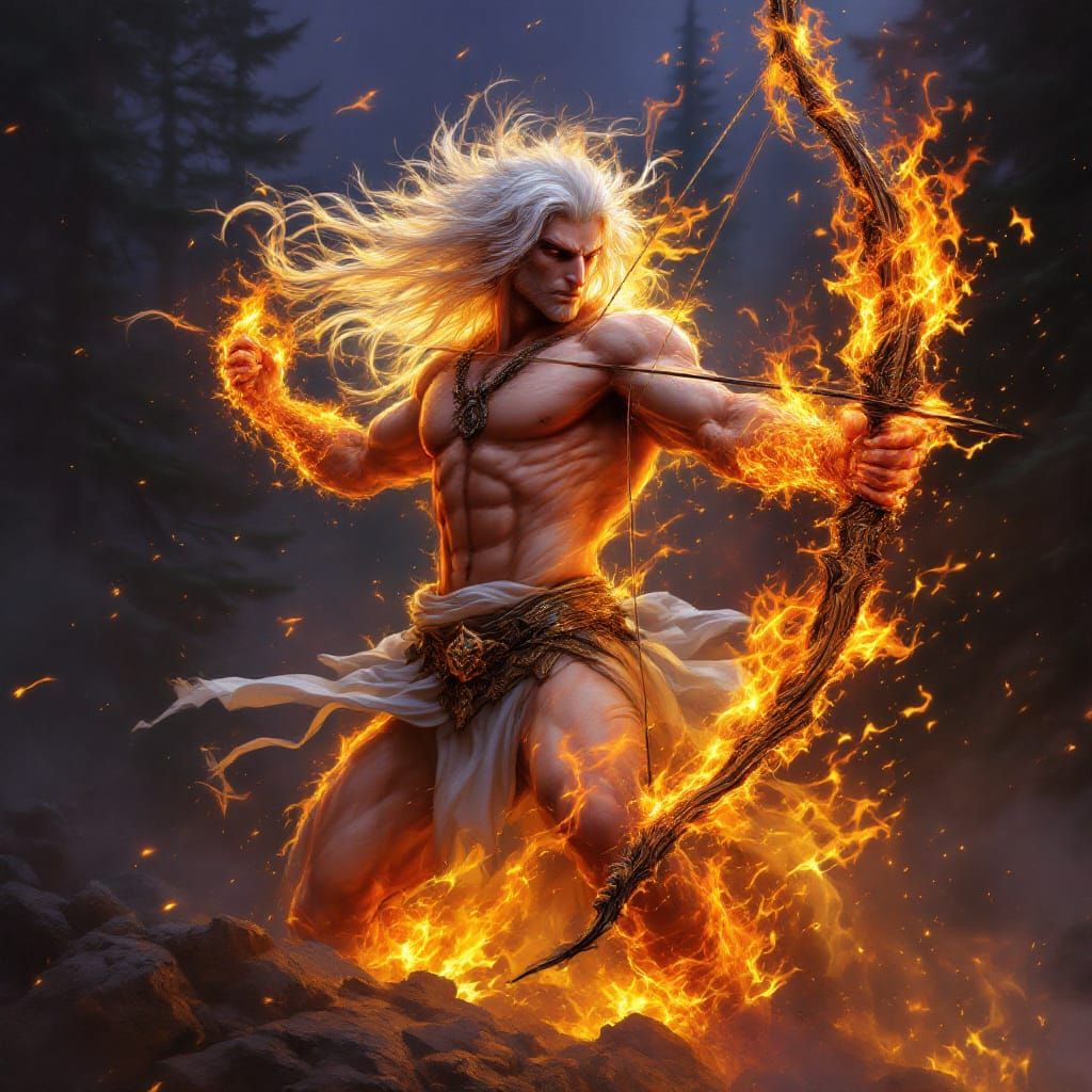 Majestic Fiery Centaur Archer in Dark Pine Forest