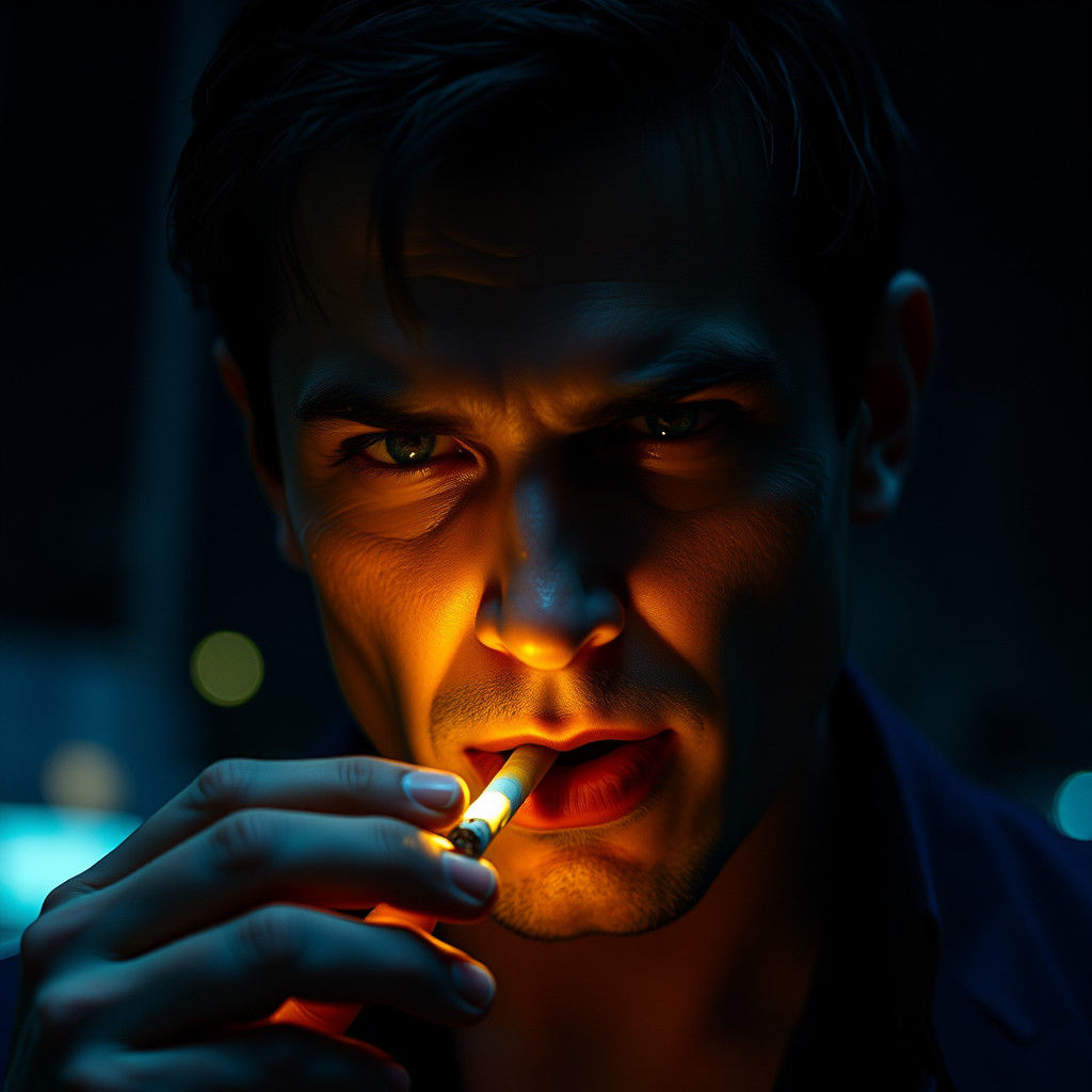 Dramatic Portrait of Man Lighting Cigarette