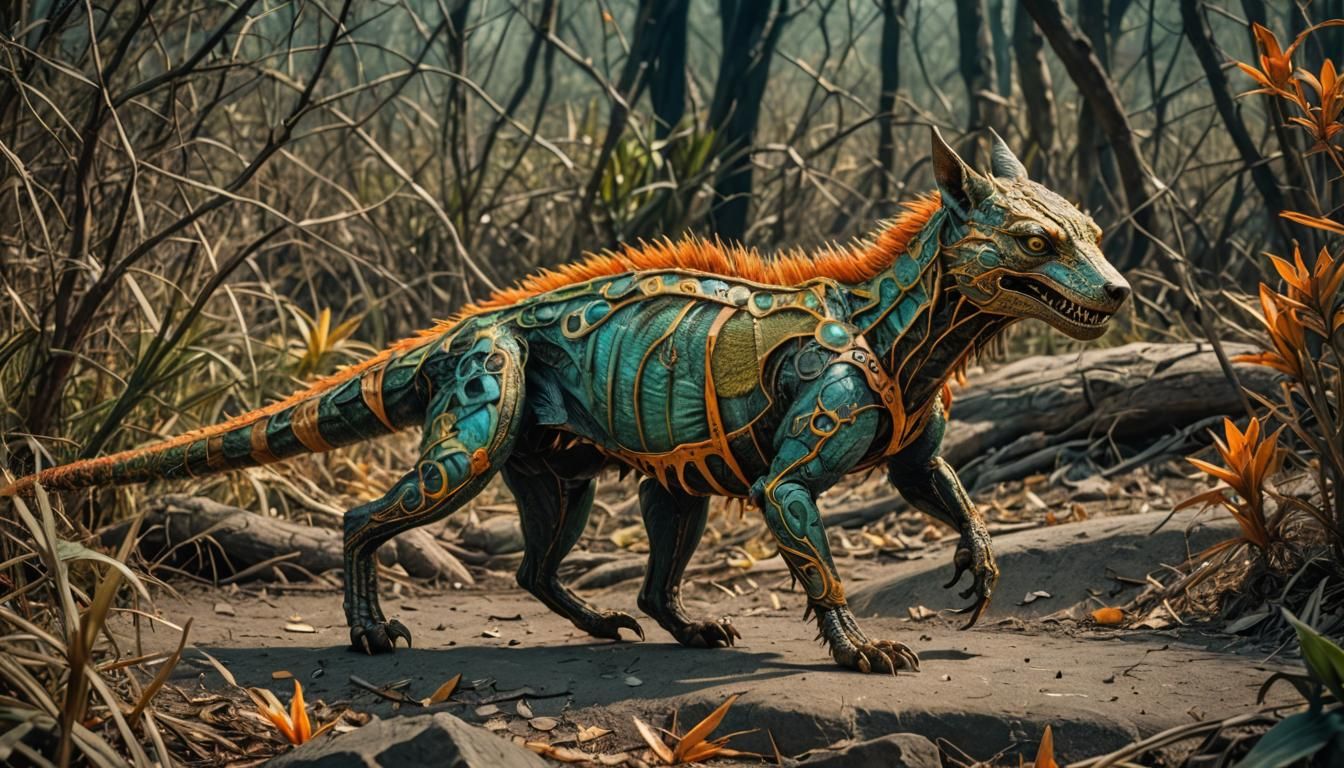 Hyperrealistic Chupacabra in Turquoise, Orange, Gold, and Gr...
