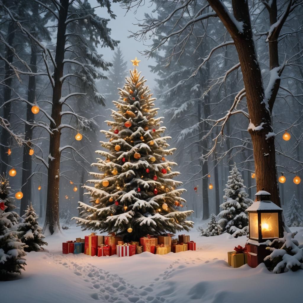 Winter Wonderland Christmas Tree in Snowy Forest