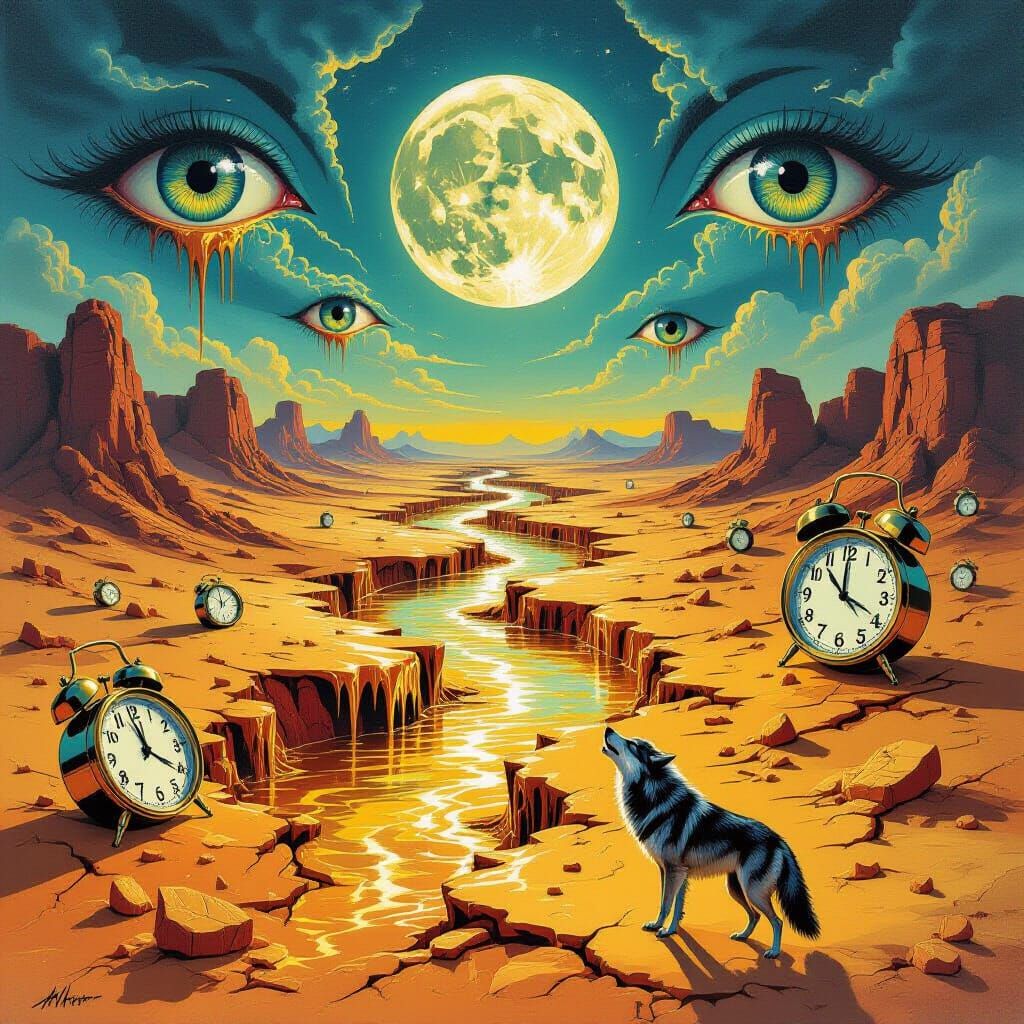 Surreal Desert of Molten Gold and Shattered Clocks