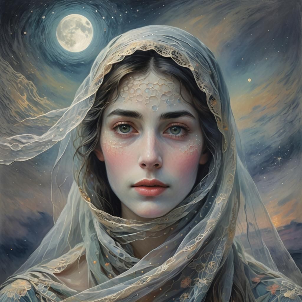 Lunar Veil: Woman's Face in Impressionistic Digital Pastel