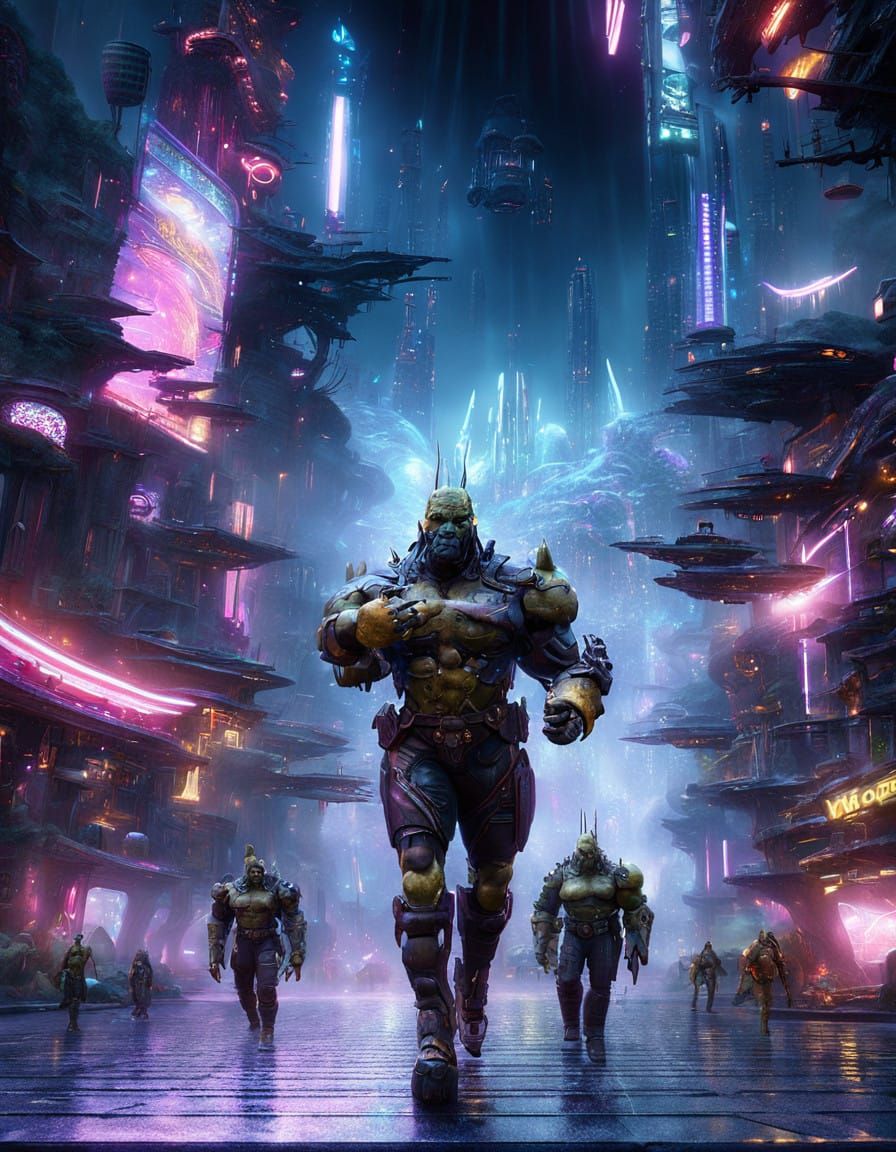 Ethereal Cyberpunk Cityscapes with Orcs in Dreamy, High-Tech...