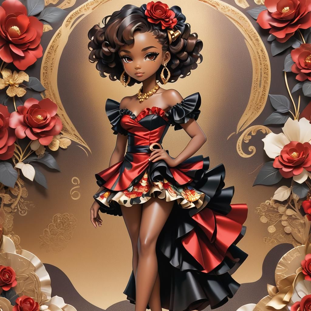 Elegant Woman in Red and Black Dress, Anime Style