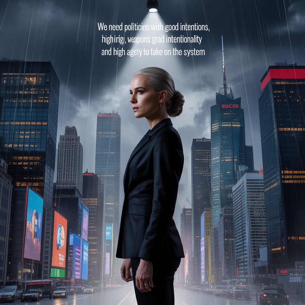 Dramatic Photo of Woman Against Towering Cityscape