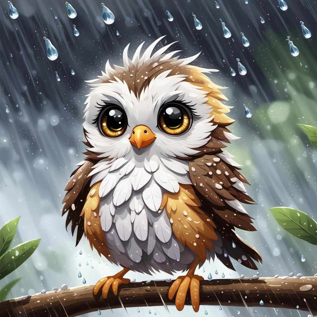 Songbird Embraces Rainstorm: Semi-Realistic Anime Style