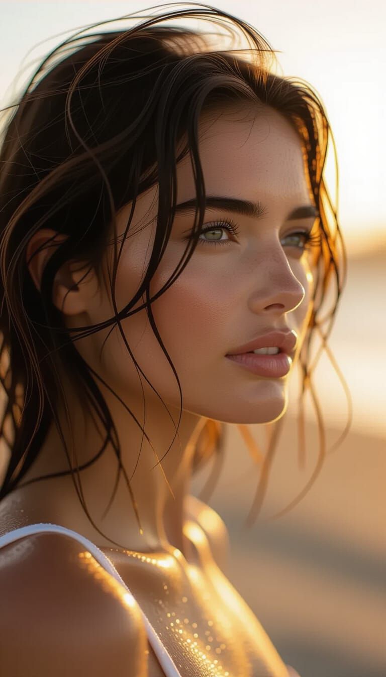 Cinematic Portrait of Woman with Wet Hair in Golden Hour Lig...