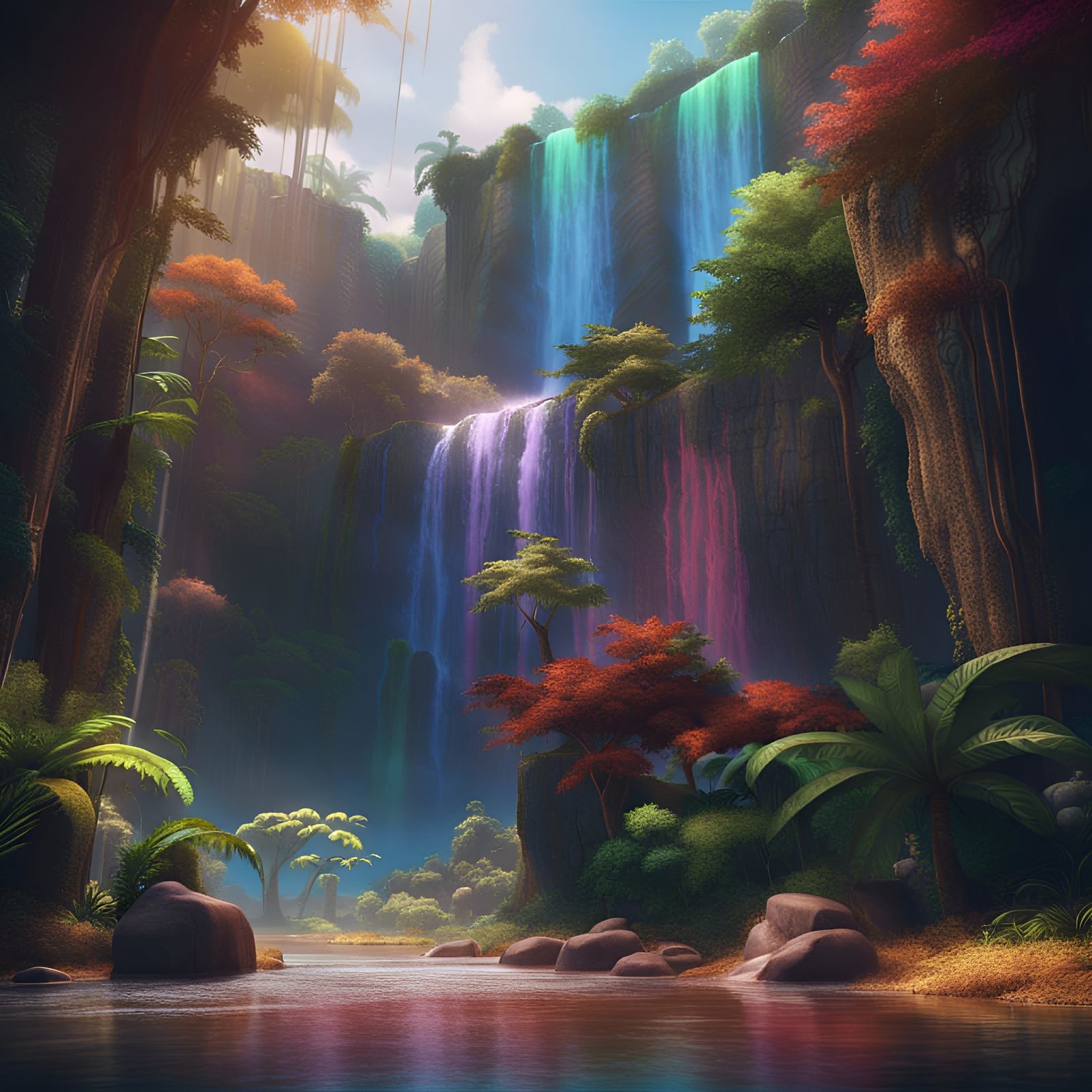Rainbow Waterfall in Rainforest: Fantasy Concept Art