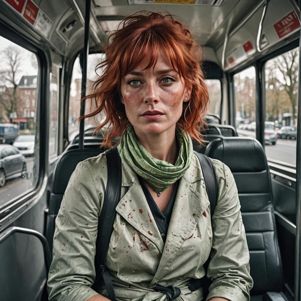 Woman with Red Hair on Bus, Professional Photo
