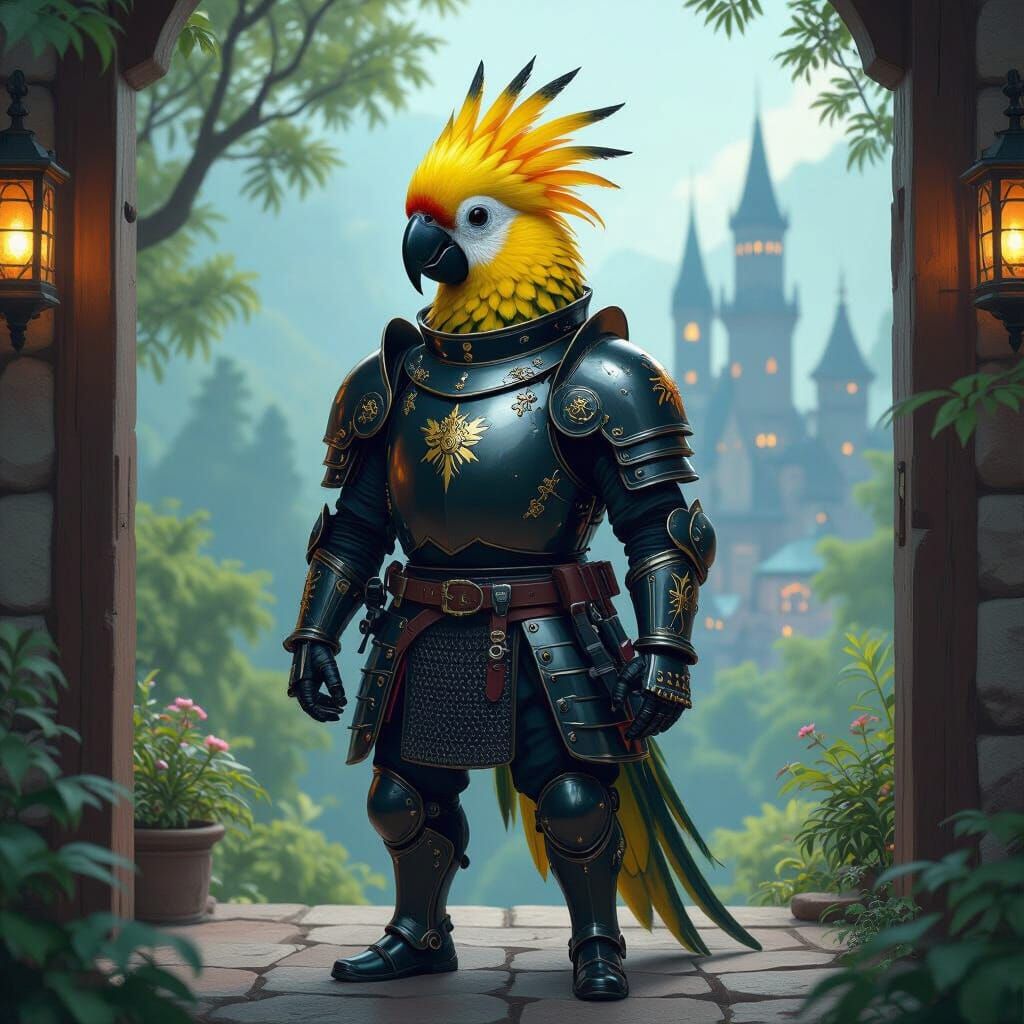 Armored Pineapple Conure Guardian in High-Fantasy Sci-Fi Sty...