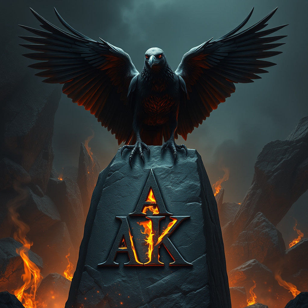 Fiery Crow on Stone Monolith in Biomechanical Gothic Style