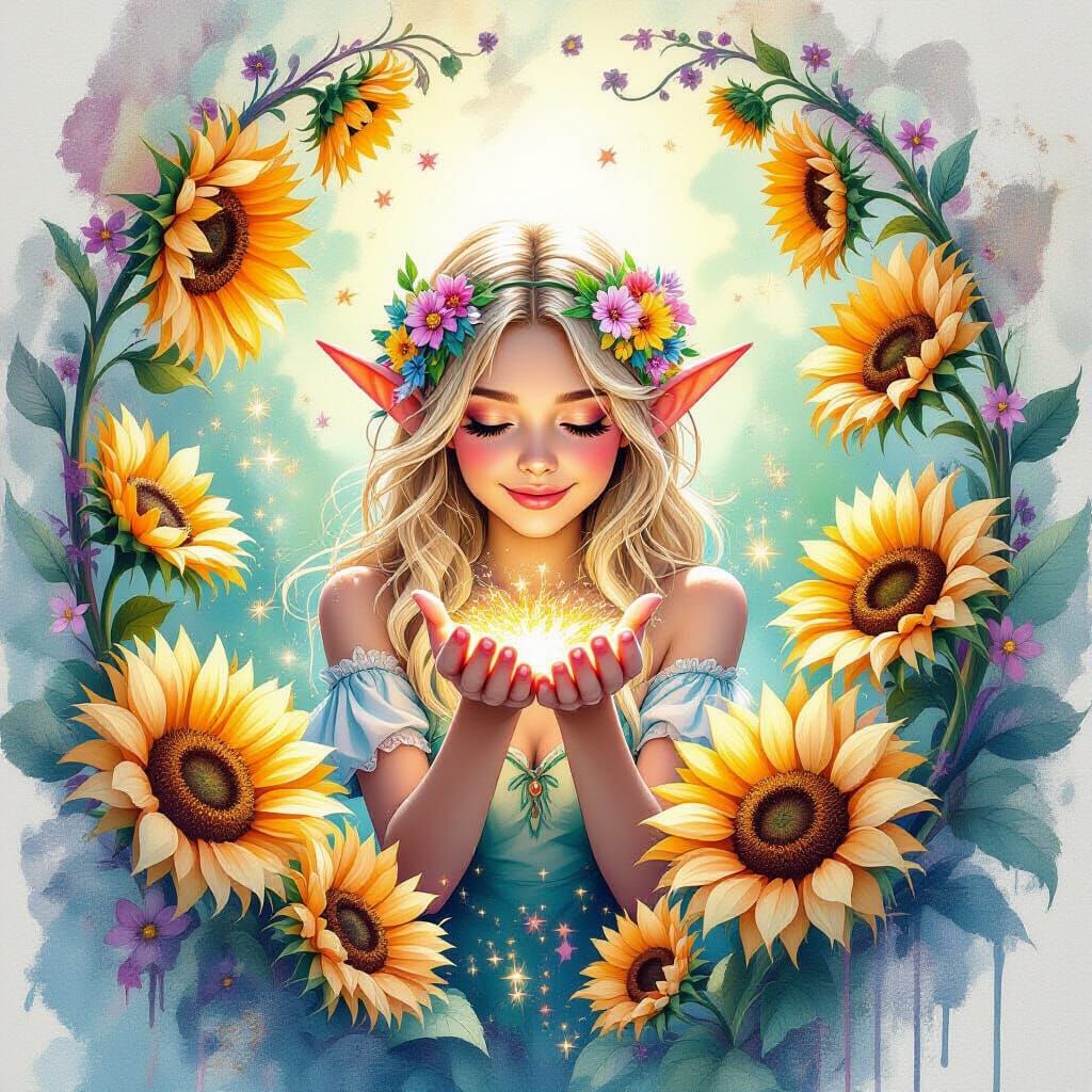 Elf Spreading Magic Dust in Watercolor Fairytale