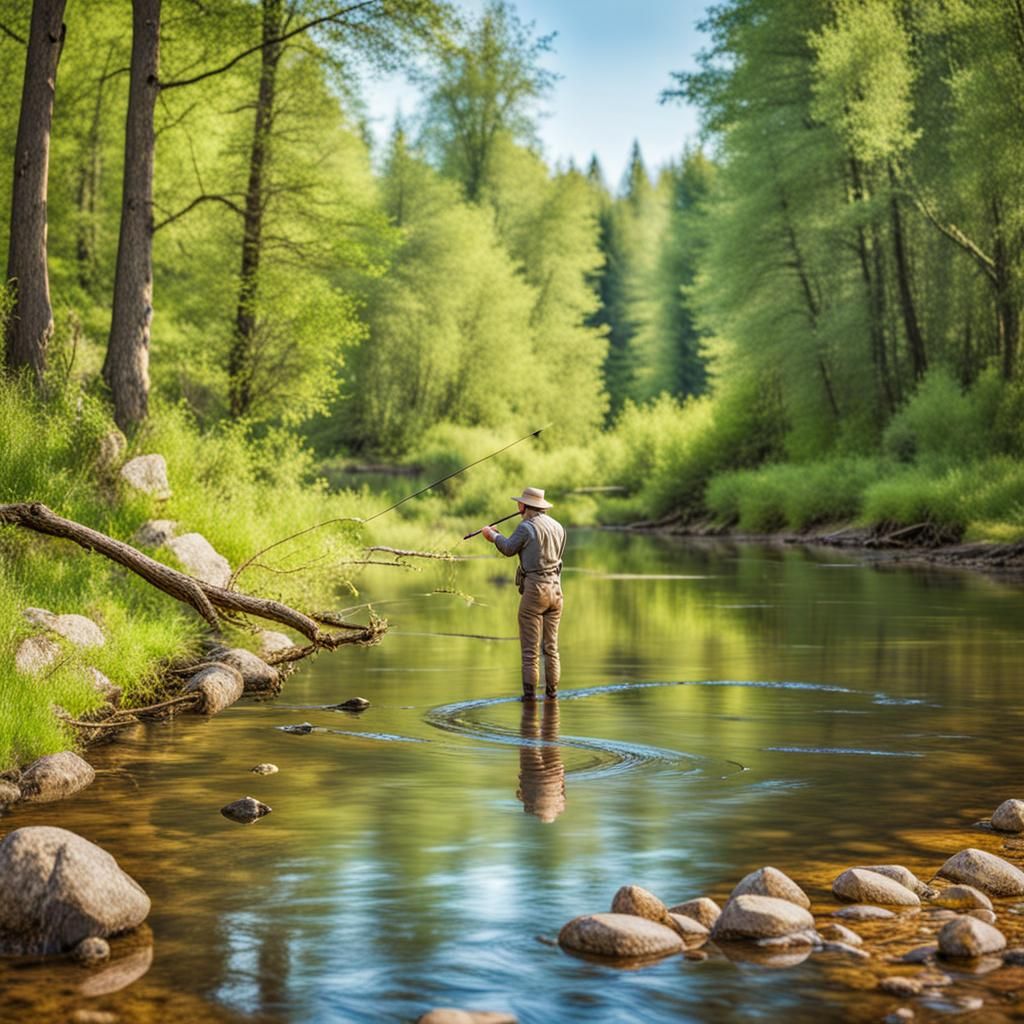 Sunny Day Fishing on Forest Stream