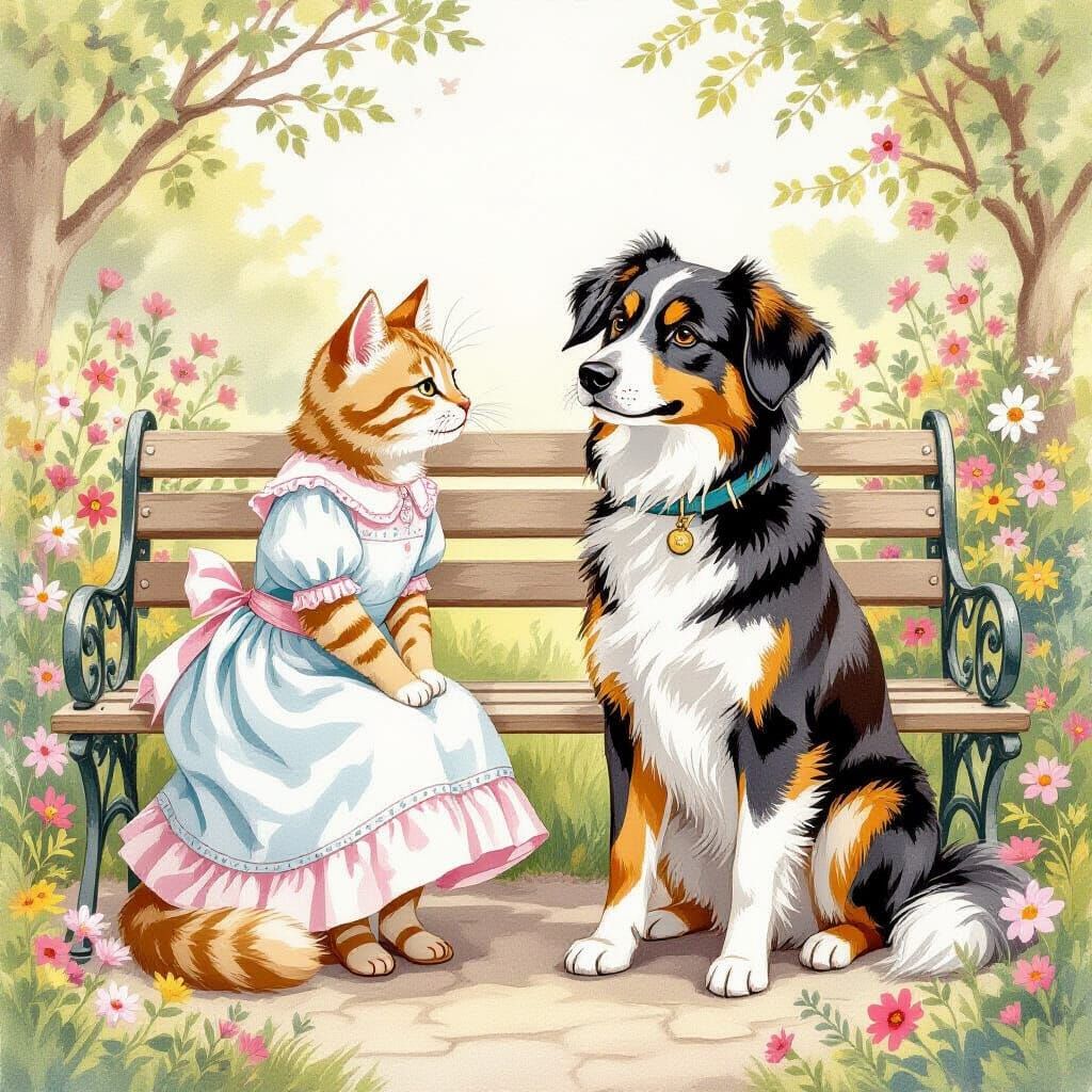 Cat and Dog Friends in Beatrix Potter Style