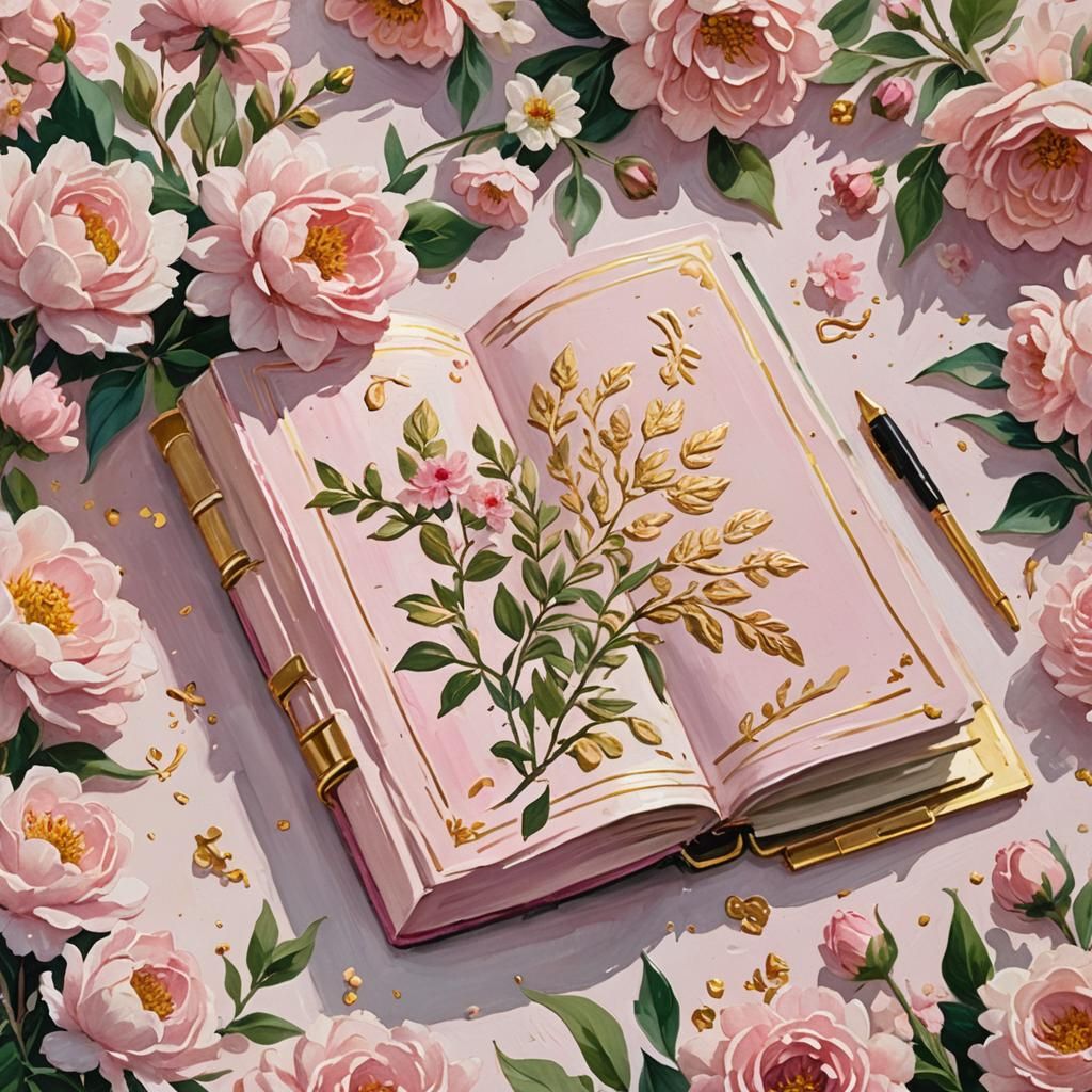 light pink book with gold writing in the book. The background is pale pink flowers