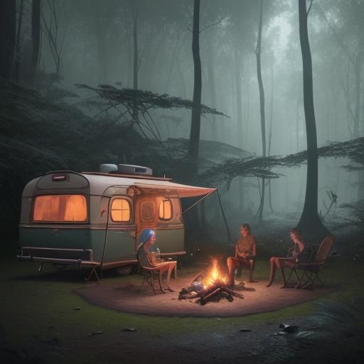Retro Caravan in Enchanted Woods: Fantasy Concept Art
