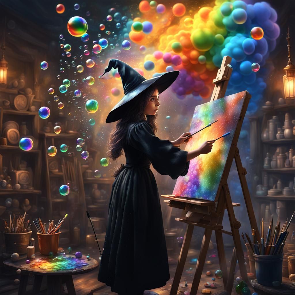 Young Witch Painting Rainbow Bubbles: Fantasy Art