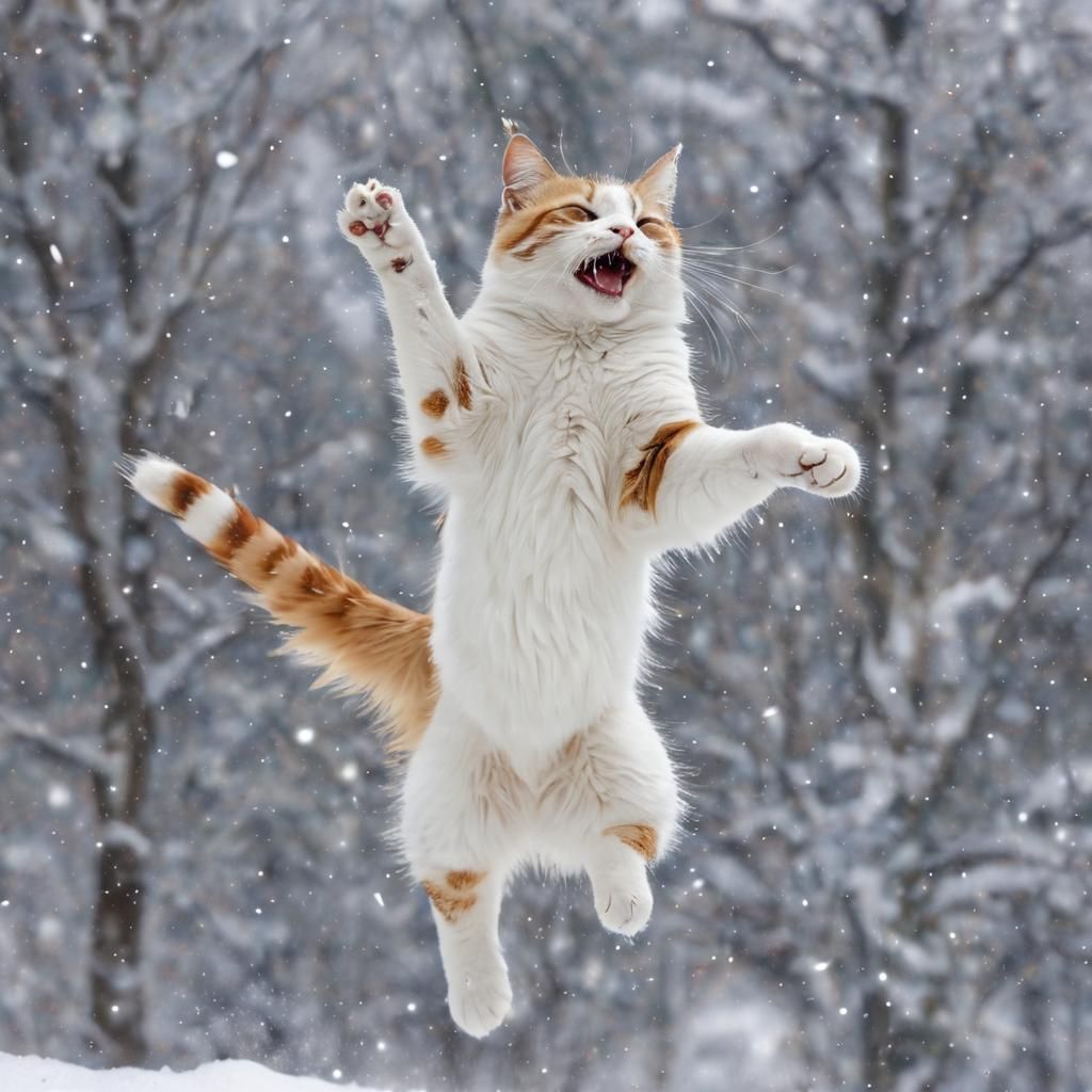 Vibrant Cat Leaps in Snowy Wonderland